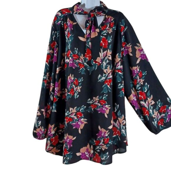EVRI 4X Floral Tie Neck Tunic Blouse Black Red Purple Long Sleeve Semi Sheer - Picture 2 of 9